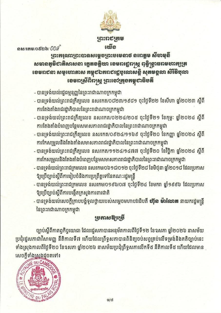 ព្រះរាជក្រម ដាក់ឱ្យប្រើប្រាស់ច្បាប់ស្តីពី ”កាតព្វកិច្ចយោធា”